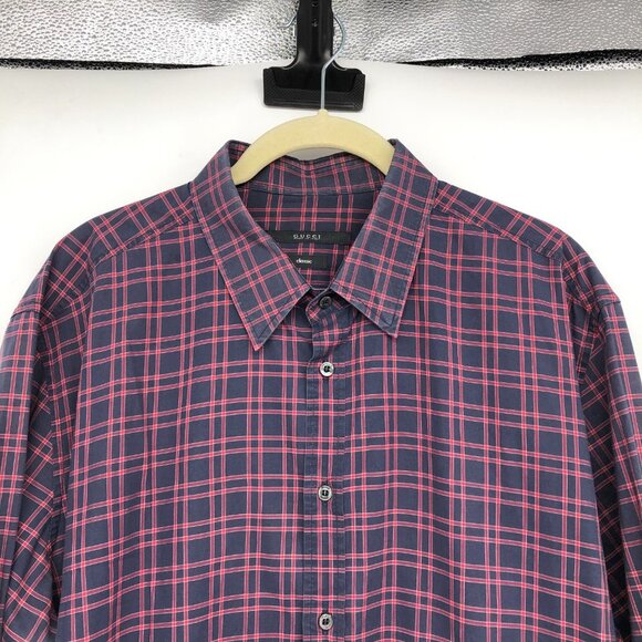 Gucci Men's Burgundy Plaid Checkered Long Sleeve Button Up Cotton Shirt size 17 - Picture 3 of 14